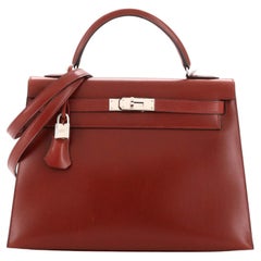 Hermes Kelly Handbag Rouge H Box Calf with Palladium Hardware 32