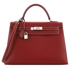 Hermes Kelly Handbag Rouge H Chamonix with Palladium Hardware 32