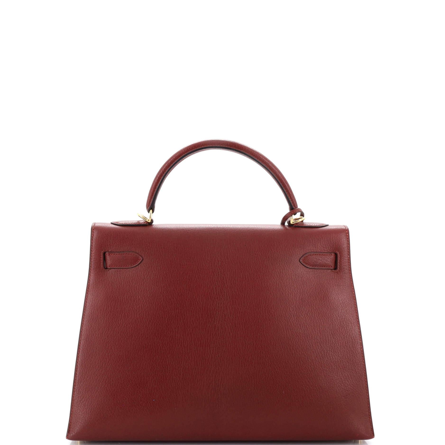 Women's Hermes Kelly Handbag Rouge H Chevre de Coromandel with Gold Hardware 32
