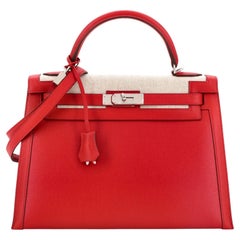 Hermes Kelly Handbag Rouge Piment Berline Vache Canvas with Swift and Toile 