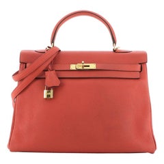Hermes Kelly Handbag Rouge Pivoine Clemence with Gold Hardware 35