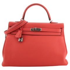 Hermes Kelly Handbag Rouge Pivoine Clemence with Palladium Hardware 35