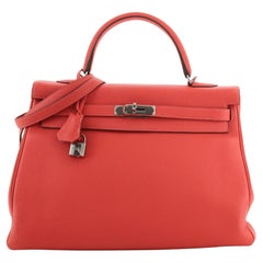 Hermes Kelly Handbag Rouge Pivoine Clemence with Palladium Hardware 35 Hermes Kelly Handbag Rouge Pivoine Clemence with Palladium Hardware 35