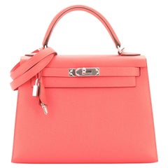 Hermes Kelly Handbag Rouge Pivoine Epsom with Palladium Hardware 28