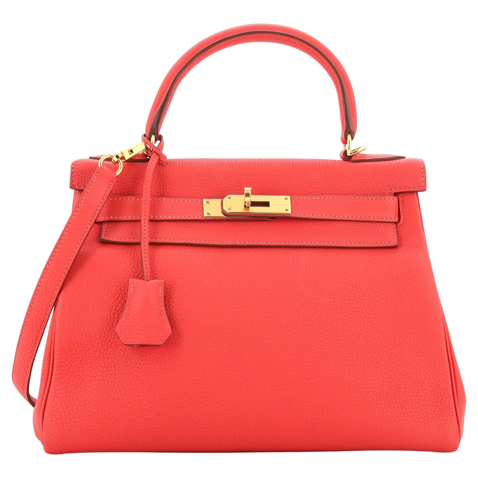 Hermes Kelly Handbag Rouge Pivoine Togo with Gold Hardware 28 For Sale