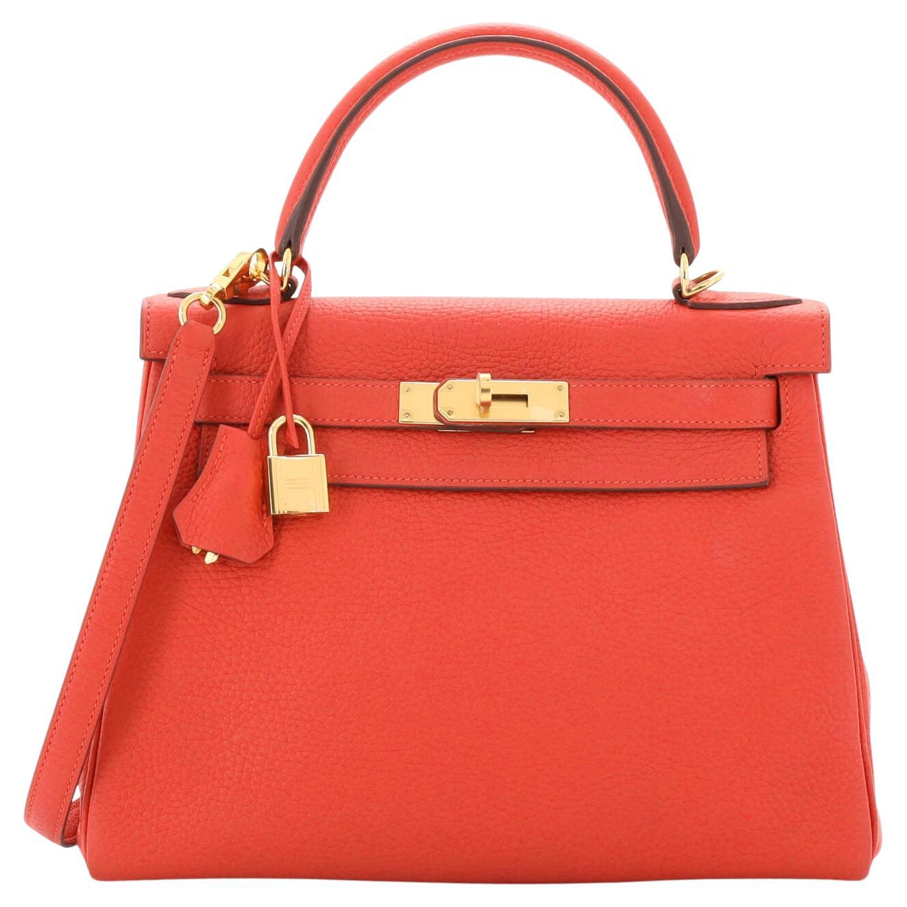 Hermes Kelly Handbag Rouge Tomate Clemence with Gold Hardware 28 For Sale