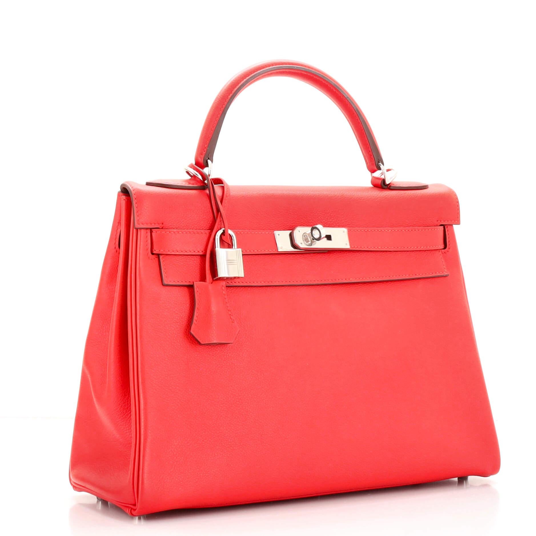 Hermes Kelly Handbag Rouge Tomate Evercolor with Palladium Hardware 32 In Good Condition In NY, NY
