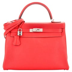 Hermes Kelly Handbag Rouge Tomate Evercolor with Palladium Hardware 32