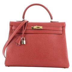 Hermes Kelly Handbag Rouge Vif Ardennes with Gold Hardware 35