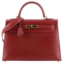 Hermes Kelly Handbag Rouge Vif Box Calf with Gold Hardware 32