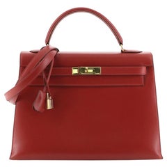 Hermes Kelly Handbag Rouge Vif Box Calf With Gold Hardware 32