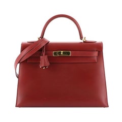 Hermes Kelly Handbag Rouge Vif Box Calf With Gold Hardware 32