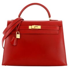 Hermes Kelly Handbag Rouge Vif Box Calf with Gold Hardware 32