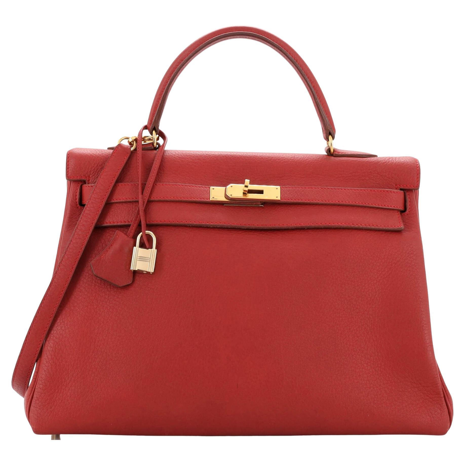 Hermes Kelly Handbag Rouge Vif Clemence with Gold Hardware 35 For Sale