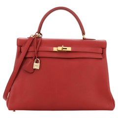 Hermes Kelly Handbag Rouge Vif Clemence with Gold Hardware 35