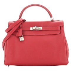 Hermes Kelly Handbag Rouge Vif Clemence with Palladium Hardware 32