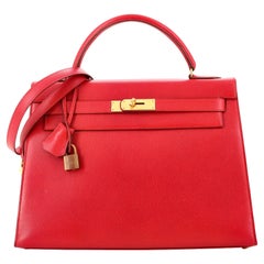 Hermes Kelly Handbag Rouge Vif Courchevel with Gold Hardware 32