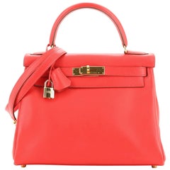 Bolso Hermes Kelly Rouge Vif Gulliver Con Herrajes Dorados 28