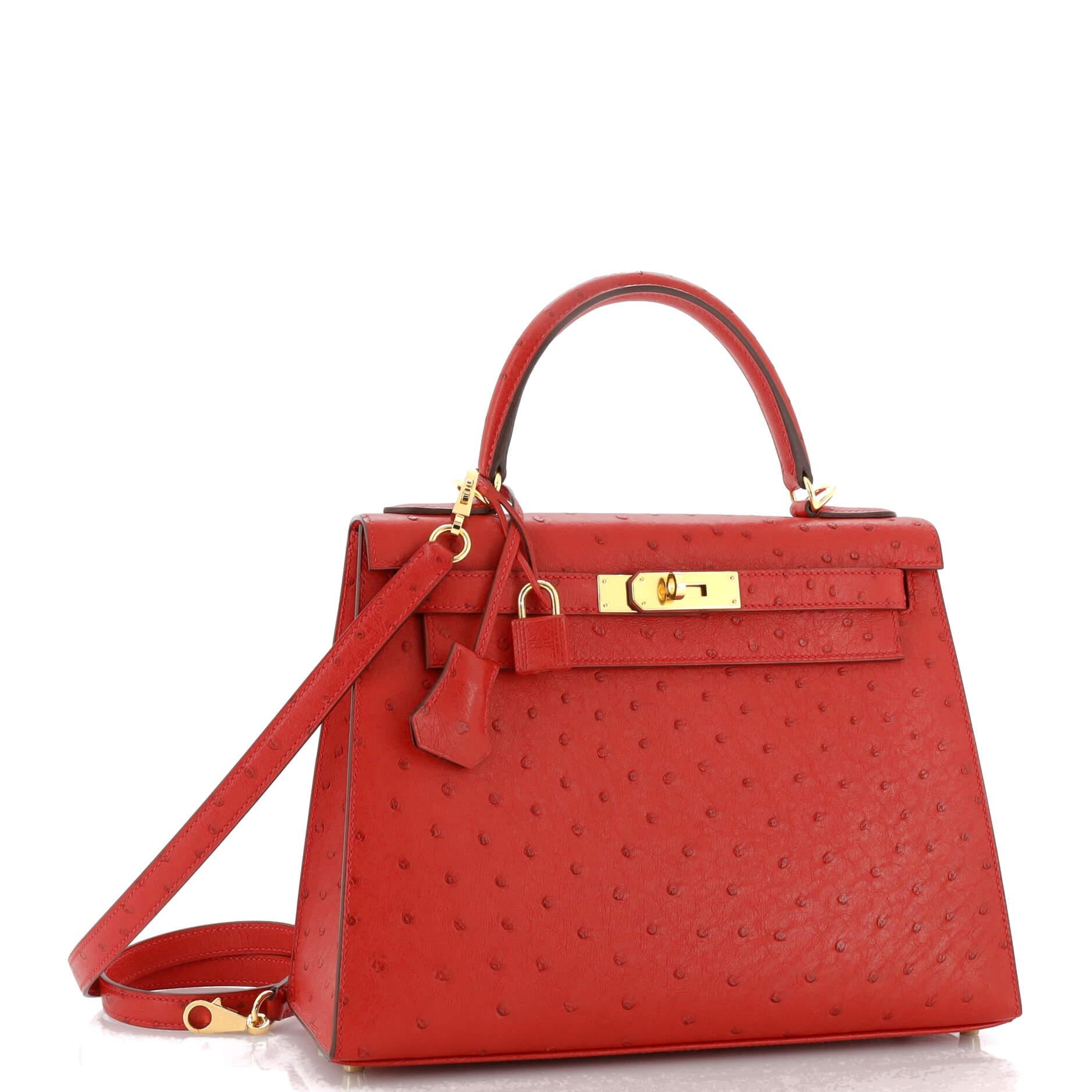 Hermes Kelly Handbag Rouge Vif Ostrich with Gold Hardware 28 In Good Condition In NY, NY