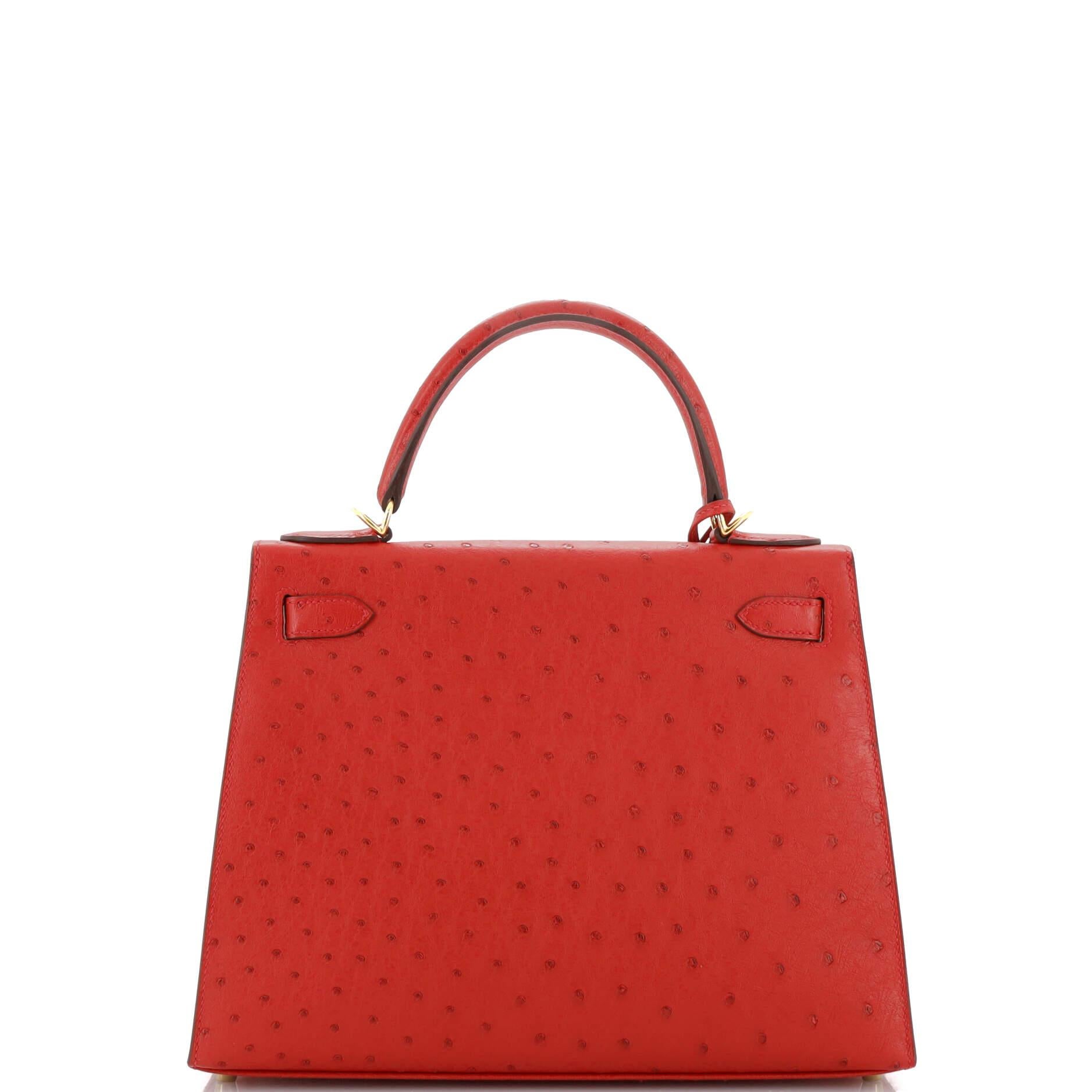 Women's Hermes Kelly Handbag Rouge Vif Ostrich with Gold Hardware 28
