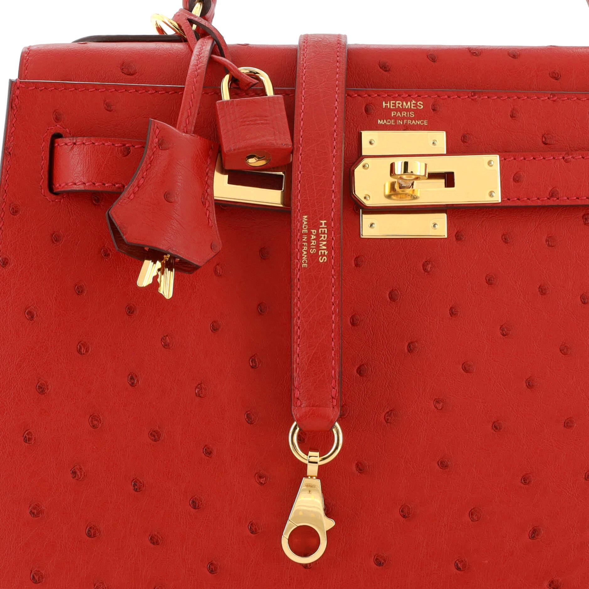 Hermes Kelly Handbag Rouge Vif Ostrich with Gold Hardware 28 3