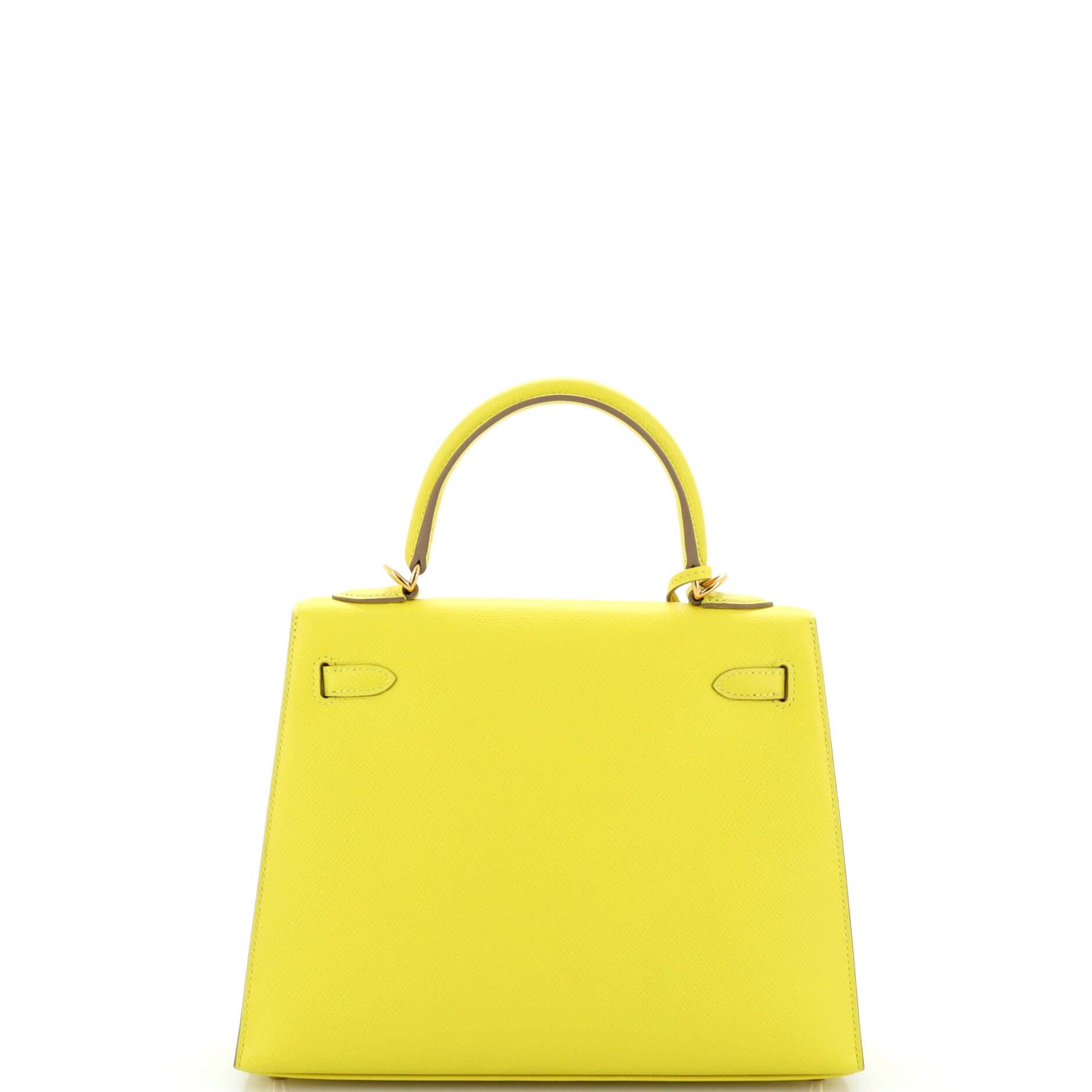 Women's Hermes Kelly Handbag Soufre Epsom with Gold Hardware 25