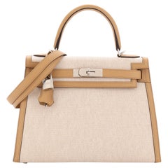 Hermes Kelly Handbag Toile and Brown Swift with Palladium Hardware 28