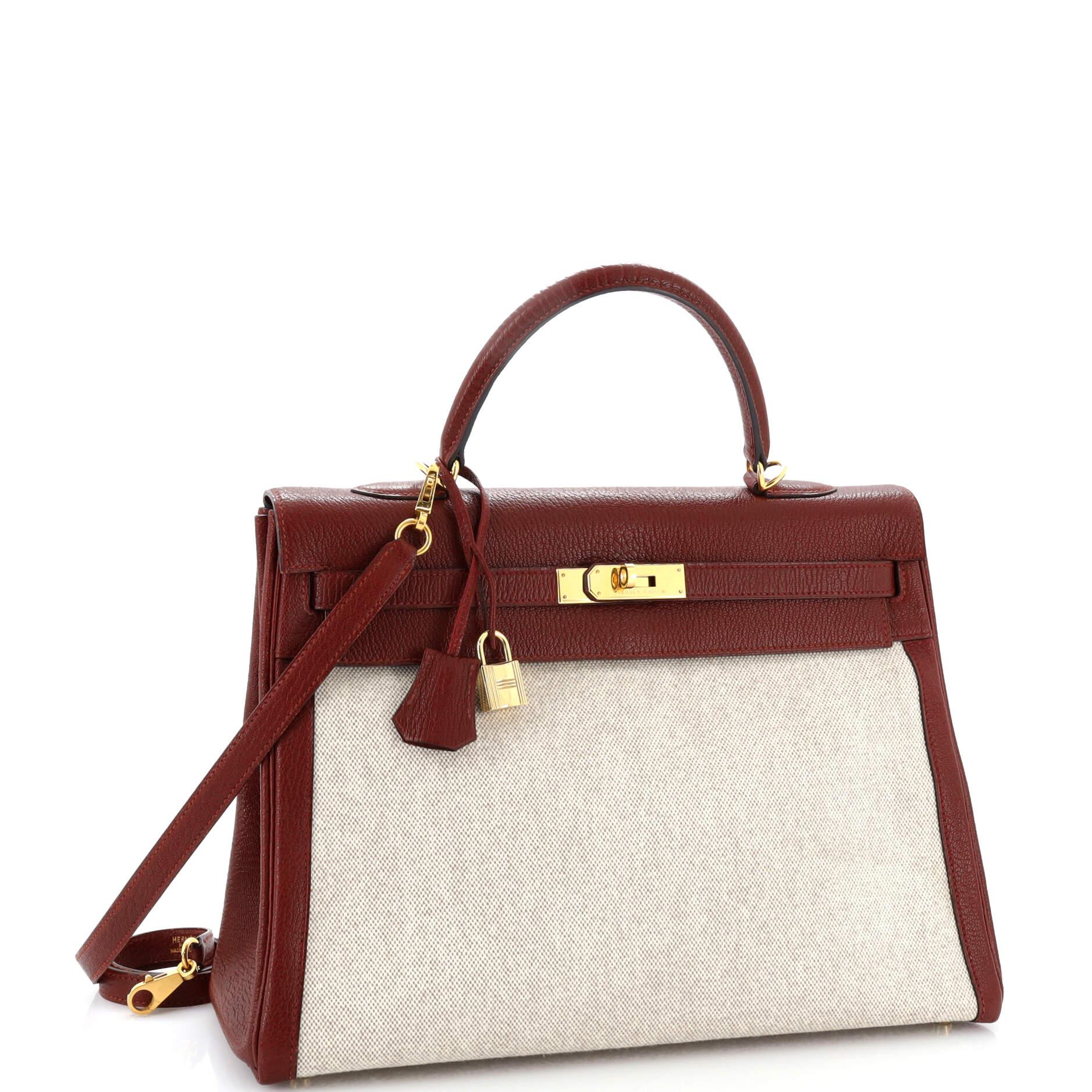 Hermes Kelly Handbag Toile and Red Chevre de Coromandel with Gold Hardware 35 In Good Condition In NY, NY