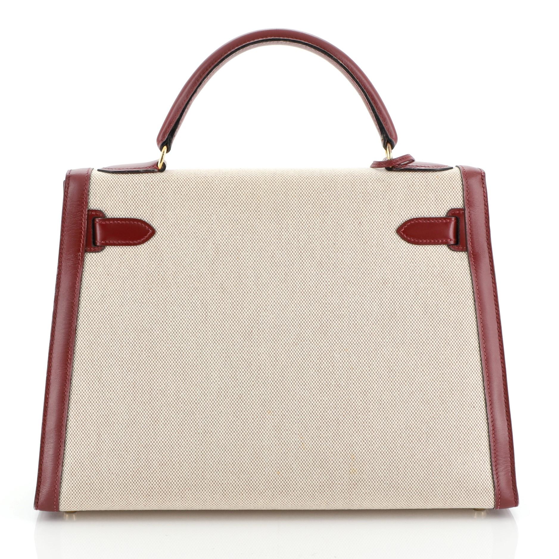 Hermes Kelly Handbag Toile And Rouge H Box Calf With Gold Hardware 32  In Good Condition In NY, NY