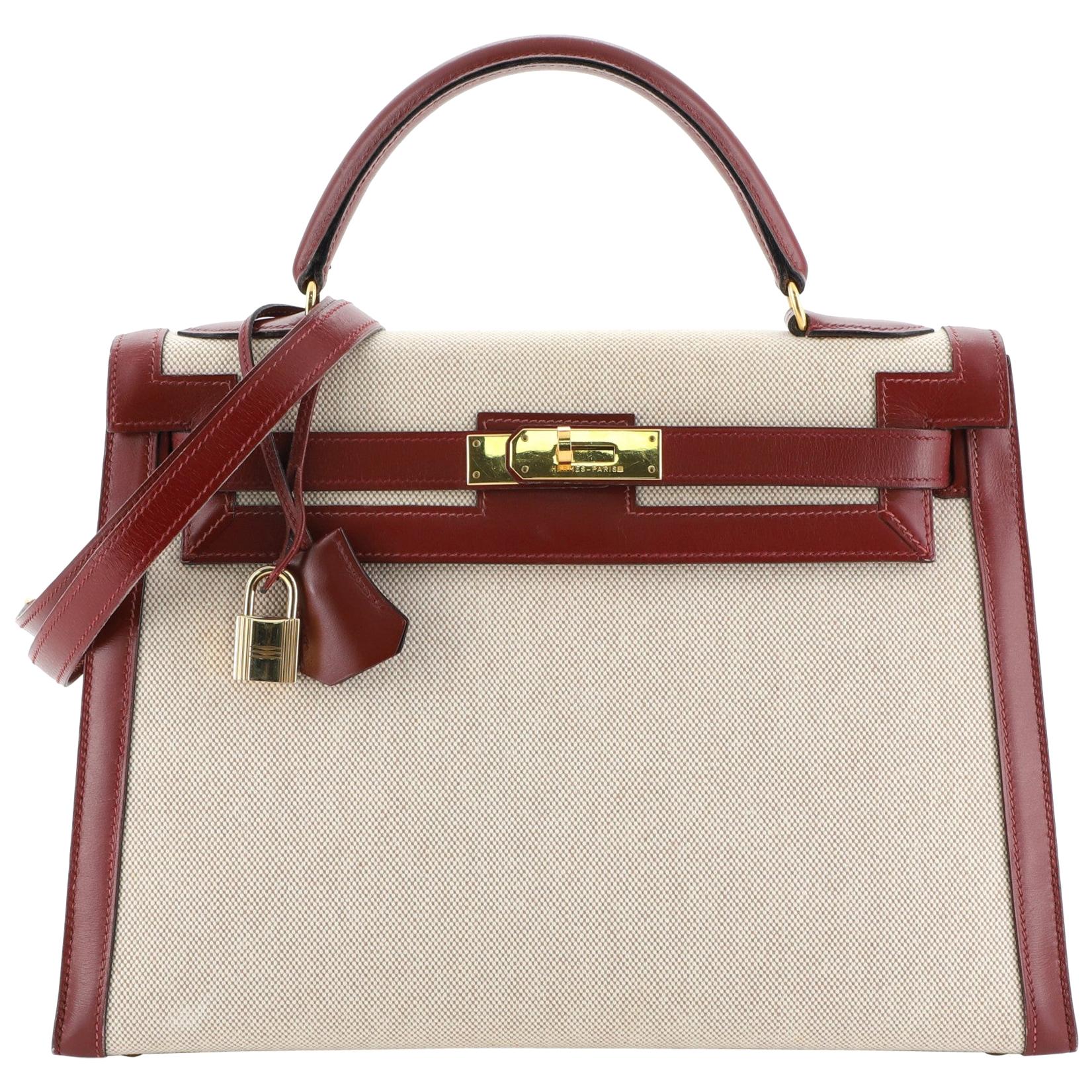 Hermes Kelly Handbag Toile And Rouge H Box Calf With Gold Hardware 32 