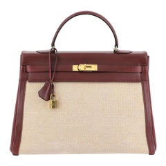 Hermes Kelly Handbag Toile and Rouge H Box Calf with Gold Hardware 35