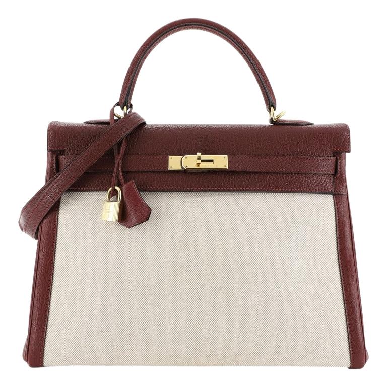 Hermes Kelly Handbag Toile & Rouge H Chevre de Coromandel with Gold Hardware 35