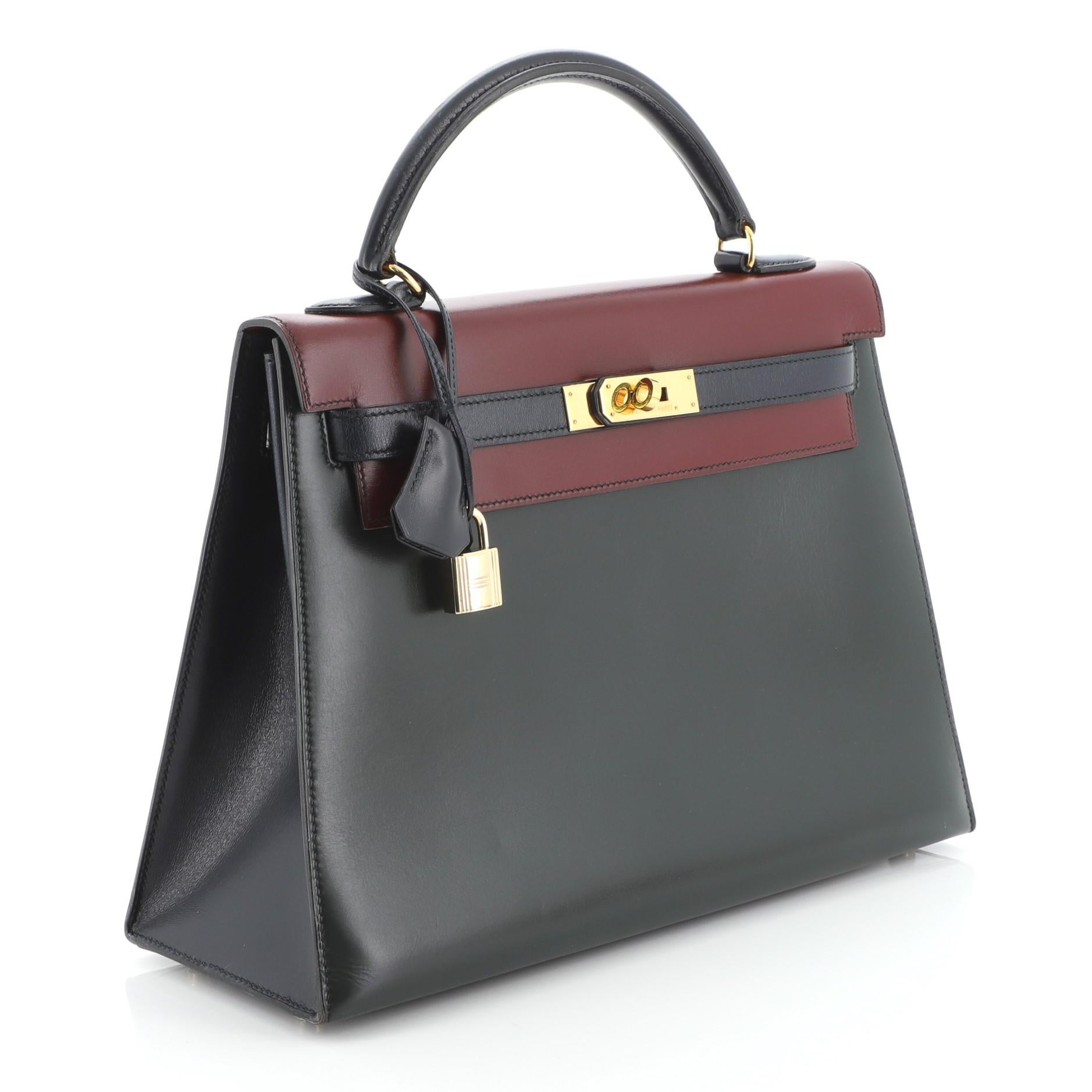 Black Hermes Kelly Handbag Tricolor Box Calf with Gold Hardware 32