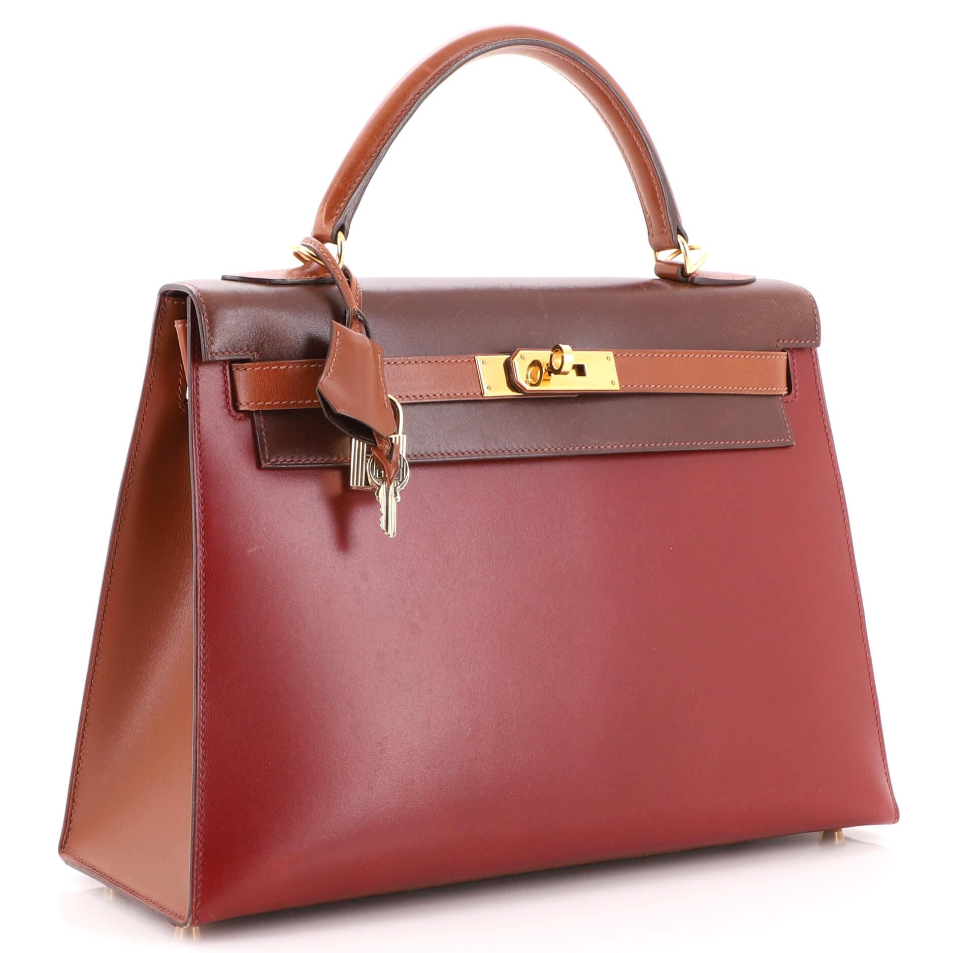 Hermes Kelly Handbag Tricolor Box Calf with Gold Hardware 32 In Fair Condition In NY, NY