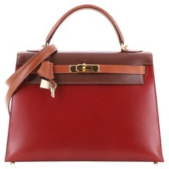 Hermes Kelly Handbag Tricolor Box Calf with Gold Hardware 32
