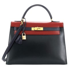 Hermes Kelly Handbag Tricolor Box Calf with Gold Hardware 32