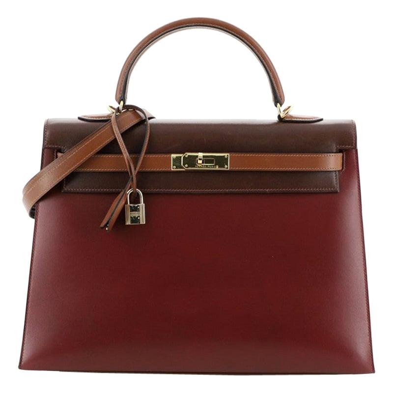 Hermes Kelly Handbag Tricolor Box Calf with Gold Hardware 35