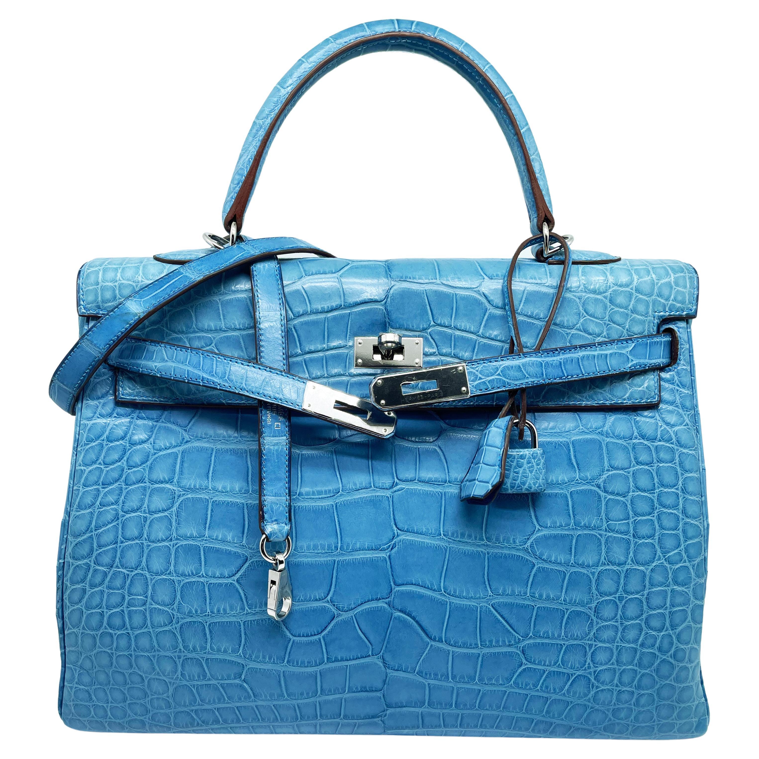 Hermès Kelly handbag turned over 35 in Mat Mykonos alligator leather For Sale