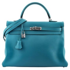 Hermes Kelly Handbag Turquoise Swift with Palladium Hardware 35