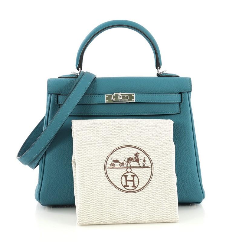 Blue Hermes Kelly Handbag Turquoise Togo with Palladium Hardware 25