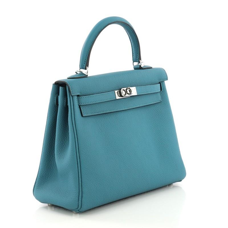 Hermes Kelly Handbag Turquoise Togo with Palladium Hardware 25 In Good Condition In NY, NY