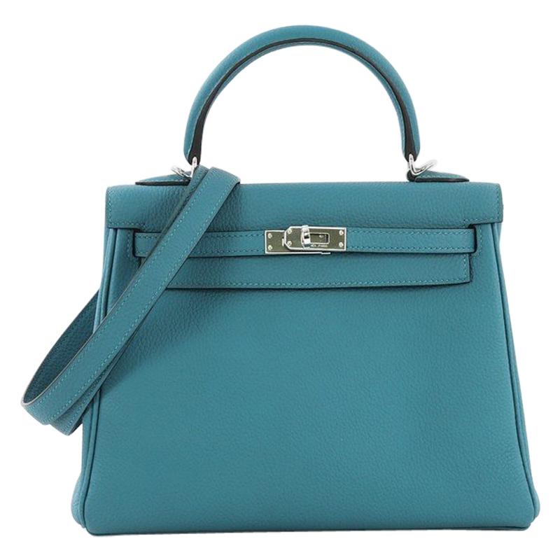 Hermes Kelly Handbag Turquoise Togo with Palladium Hardware 25