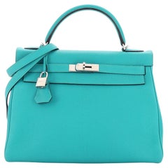 Hermes Kelly Handbag Turquoise Togo with Palladium Hardware 32