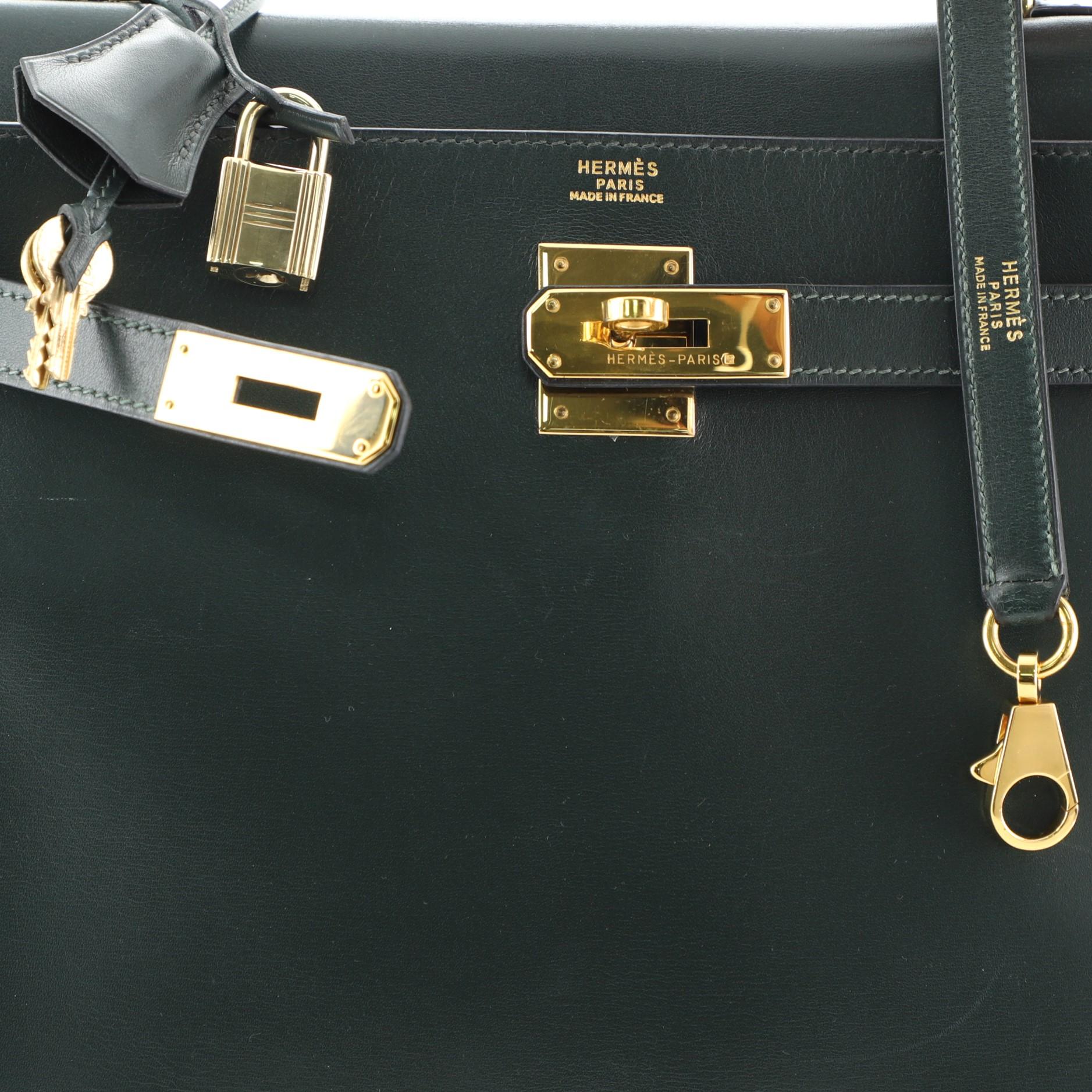 Black Hermes Kelly Handbag Vert Anglais Box Calf with Gold Hardware 32