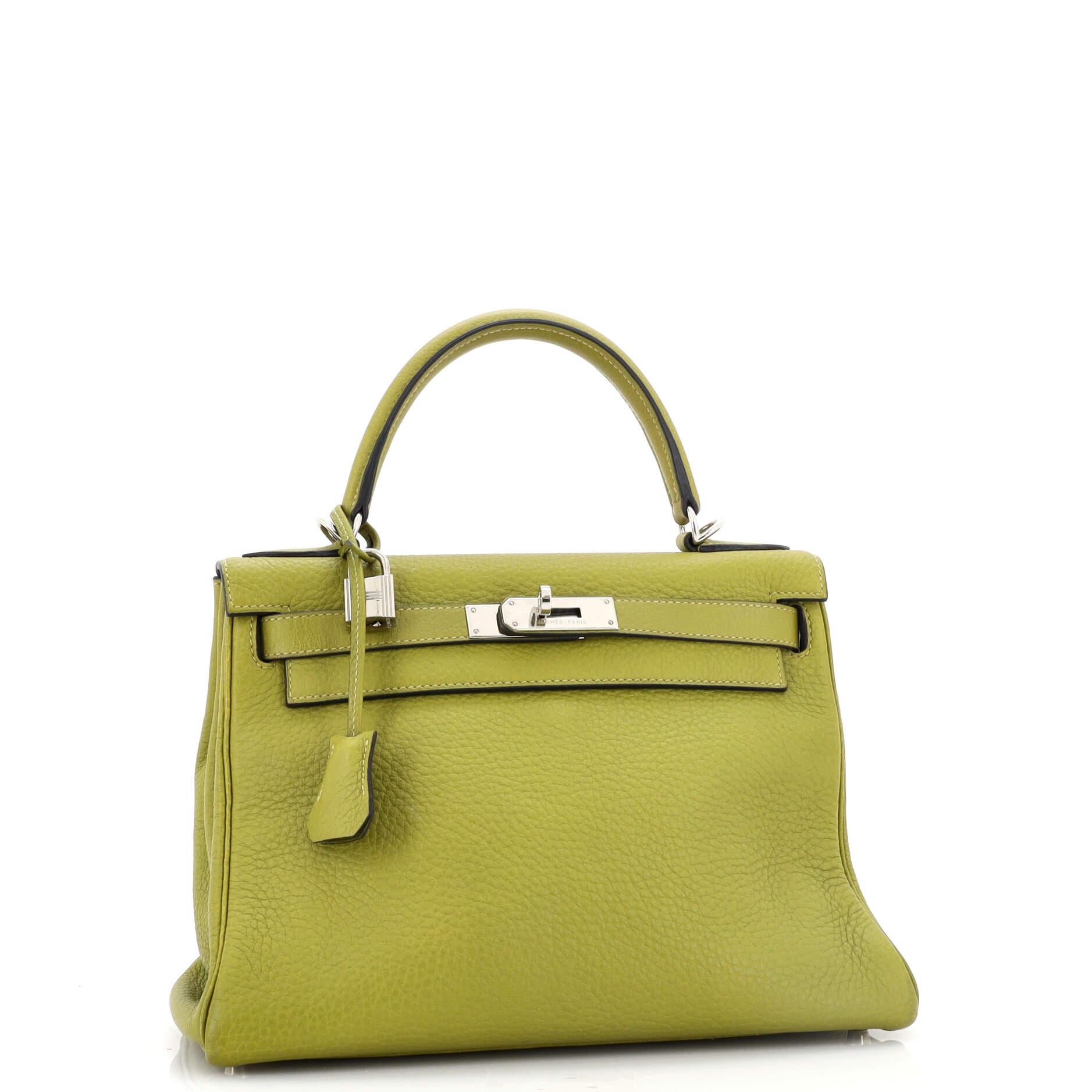 Hermes Kelly Handbag Vert Chartreuse Clemence with Palladium Hardware 28 In Good Condition In NY, NY