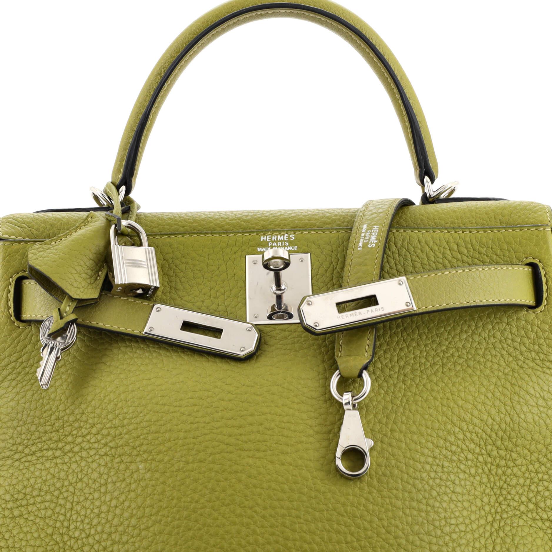 Hermes Kelly Handbag Vert Chartreuse Clemence with Palladium Hardware 28 3