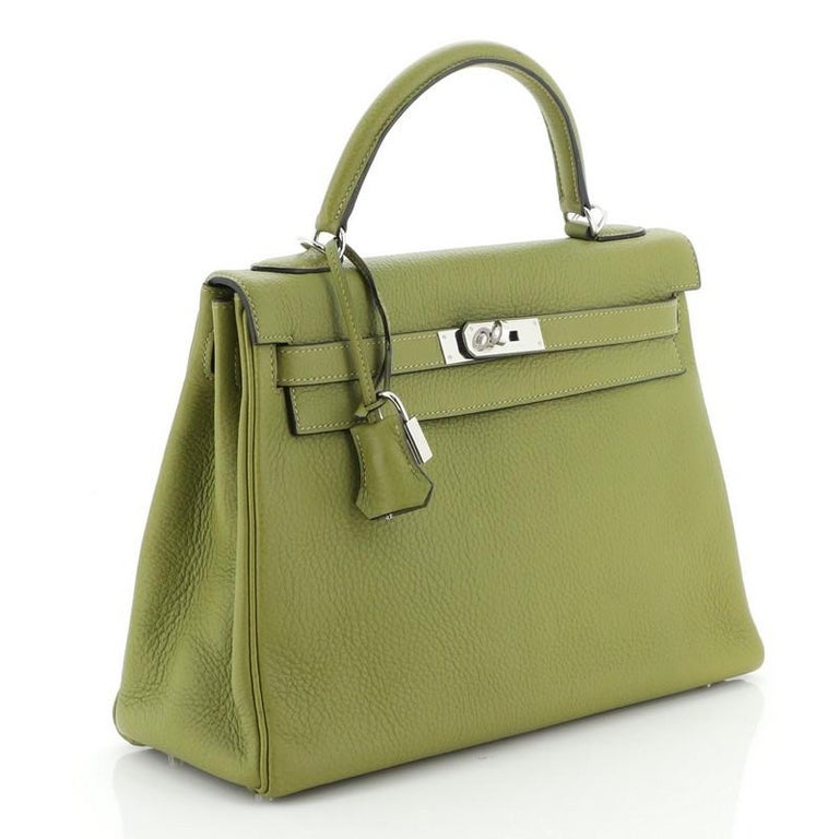 Hermes Kelly Handbag Vert Chartreuse Clemence with Palladium Hardware 28 Green