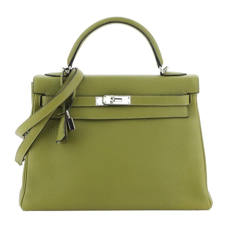 Hermes Kelly Handbag Vert Chartreuse Clemence With Palladium