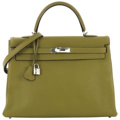 Hermes Kelly Handbag Vert Chartreuse Clemence with Palladium Hardware 35