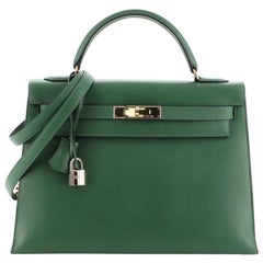 Hermes Kelly Handbag Vert Clair Courchevel with Gold Hardware 32
